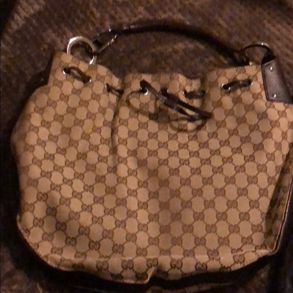 Gucci Brown Tan Monogram Canvas Stitch Handle